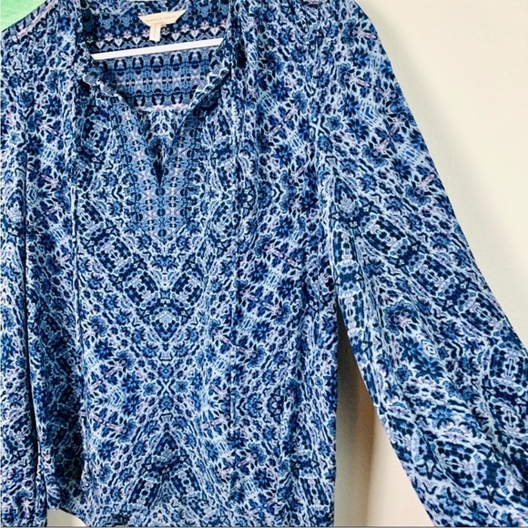 Rebecca Taylor Silk Blue Floral Tie-Neck Long Sleeve Boho Blouse Top - Picture 3 of 5